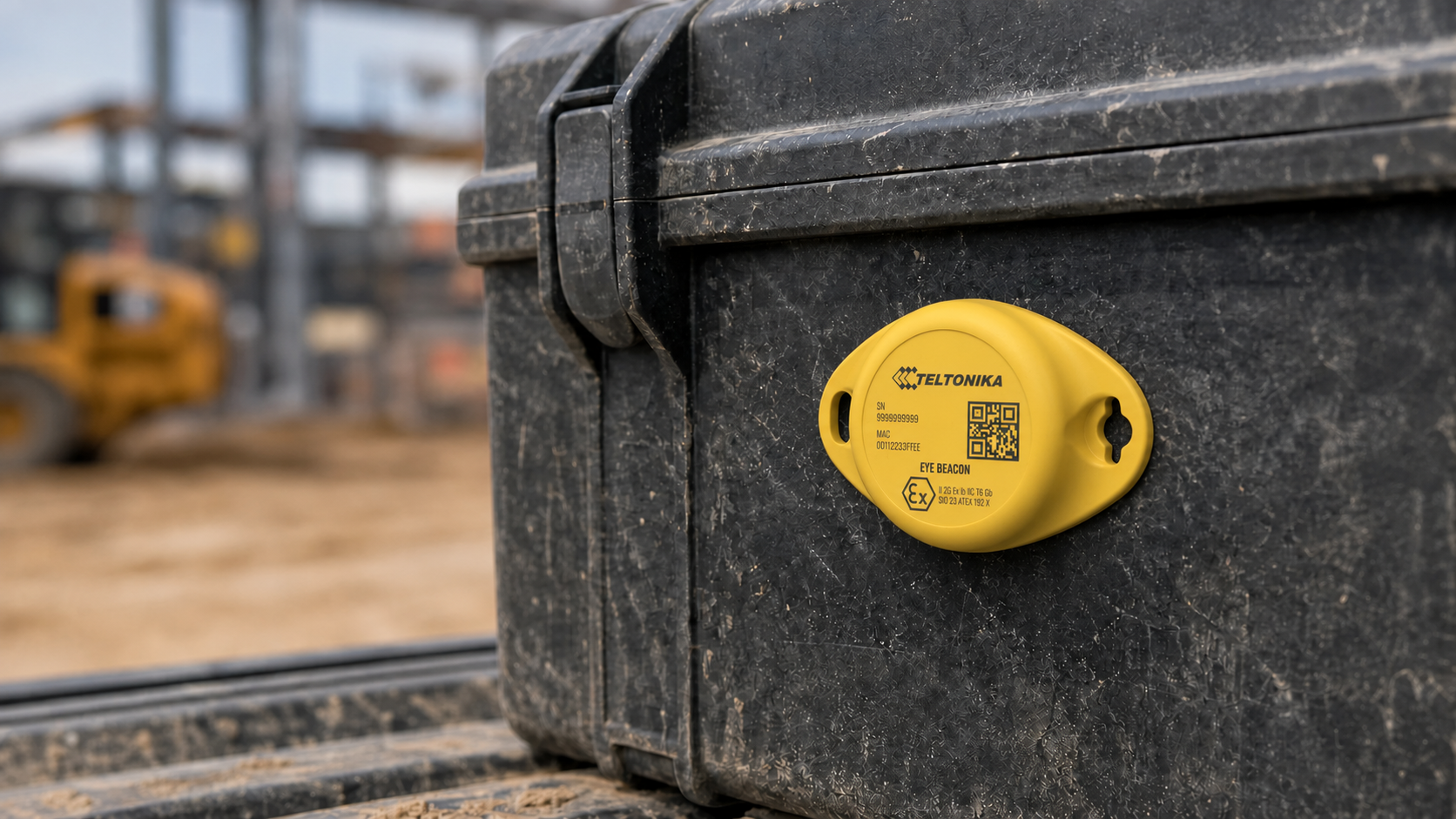 Yellow Eye Beacon tracker attached to a rugged construction equipment case on site