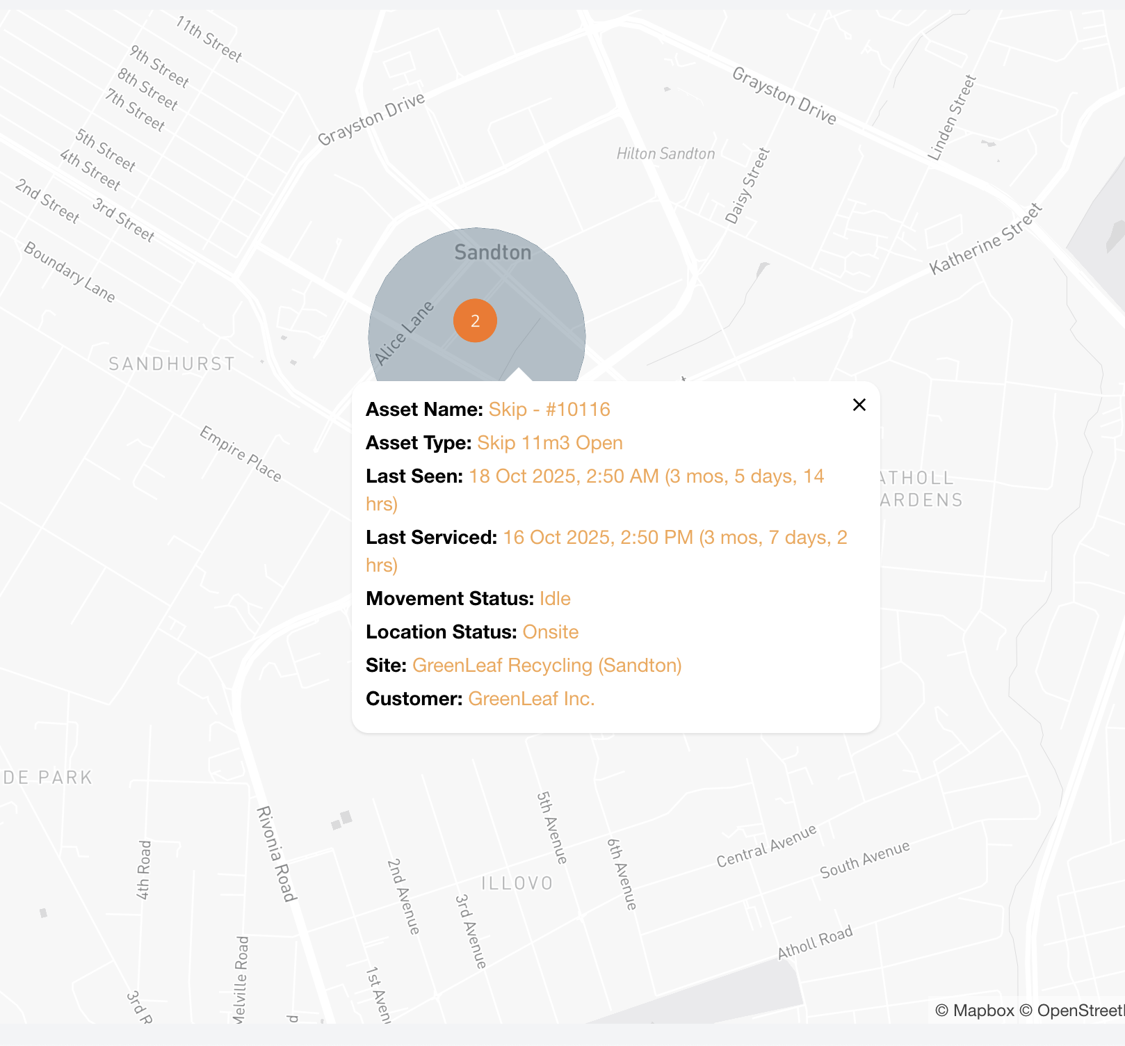 Trackio site map detail showing an asset, site context, and service status