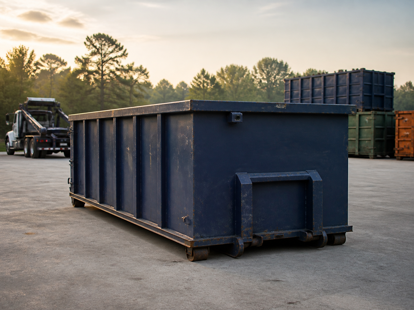 Roll-off dumpster with a small tracking tag in an operating yard